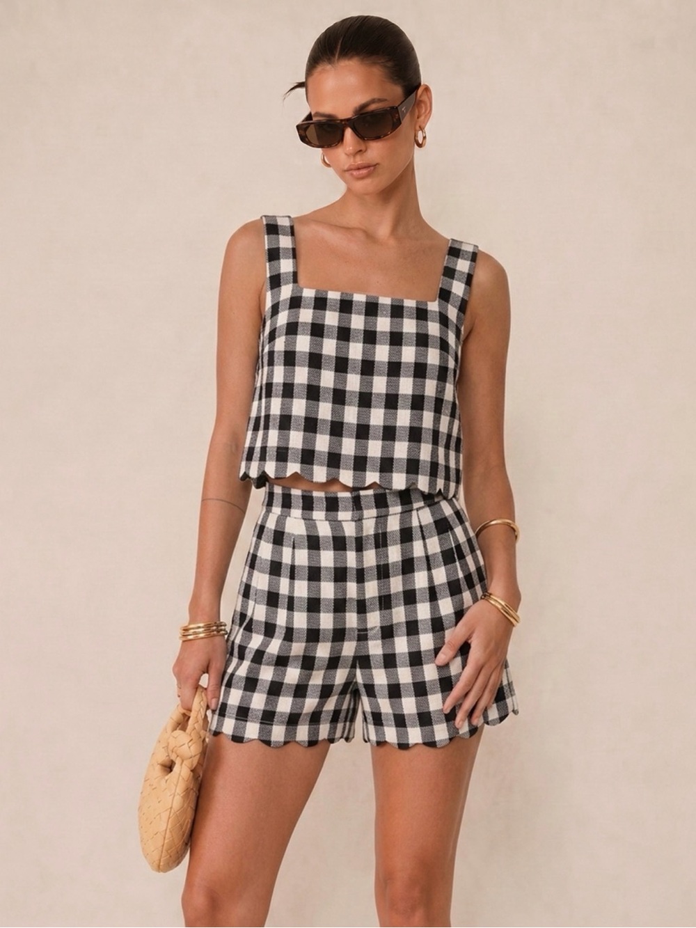 Commense Black & White Gingham Scallop-Hem Crop Top & Shorts Set